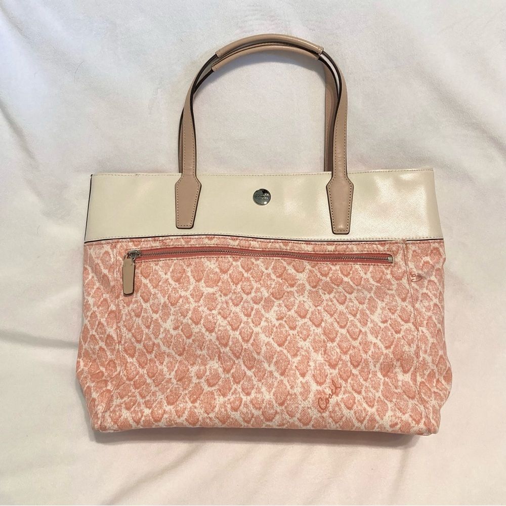 Coach Resort Tote Bag Canvas Pink Snake Print Cream Leather y2k F27783